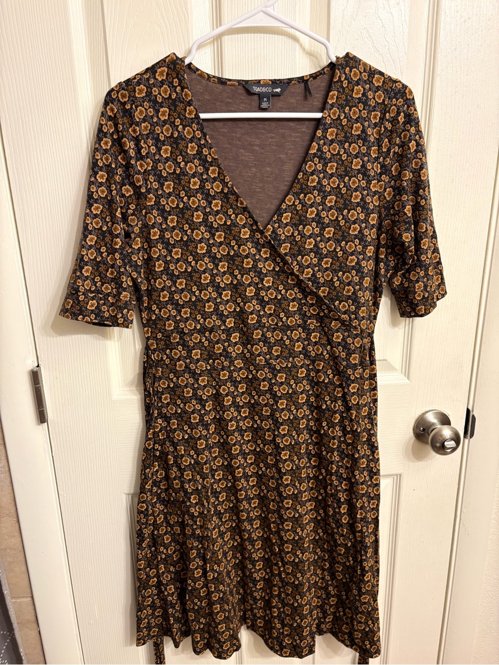Toad&Co Black and Mustard Floral Midi Wrap Dress